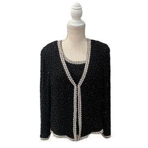 Draper’s & Damon’s Petites Black Sequins Faux Beaded Pearl Set Cardigan w/Top